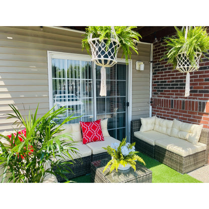 Moasis, set da conversazione con divano componibile in vimini, 7 pezzi, per esterni, patio, con tavolino e cuscini