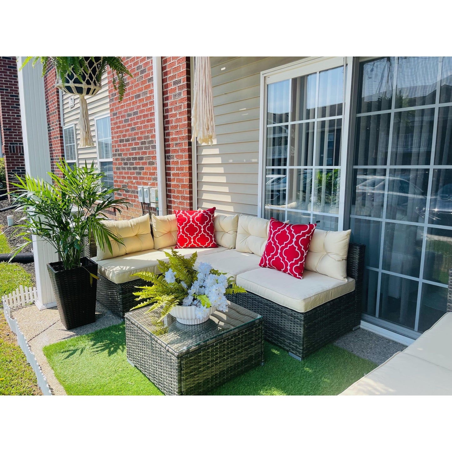 Moasis, set da conversazione con divano componibile in vimini, 7 pezzi, per esterni, patio, con tavolino e cuscini