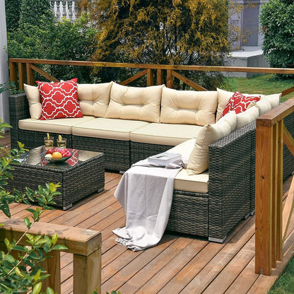 Moasis, set da conversazione con divano componibile in vimini, 7 pezzi, per esterni, patio, con tavolino e cuscini