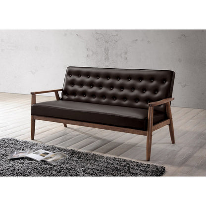 Divano a 3 posti in legno, imbottito e rivestito in similpelle marrone, stile retrò moderno di metà secolo, Sorrento di Baxton Studio