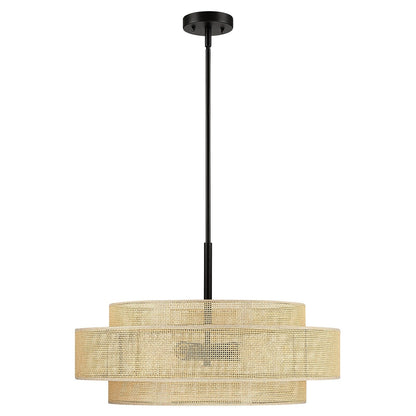 Lampadario Bayou a tamburo costiero nero a 5 luci con doppio paralume in rattan - 24''W
