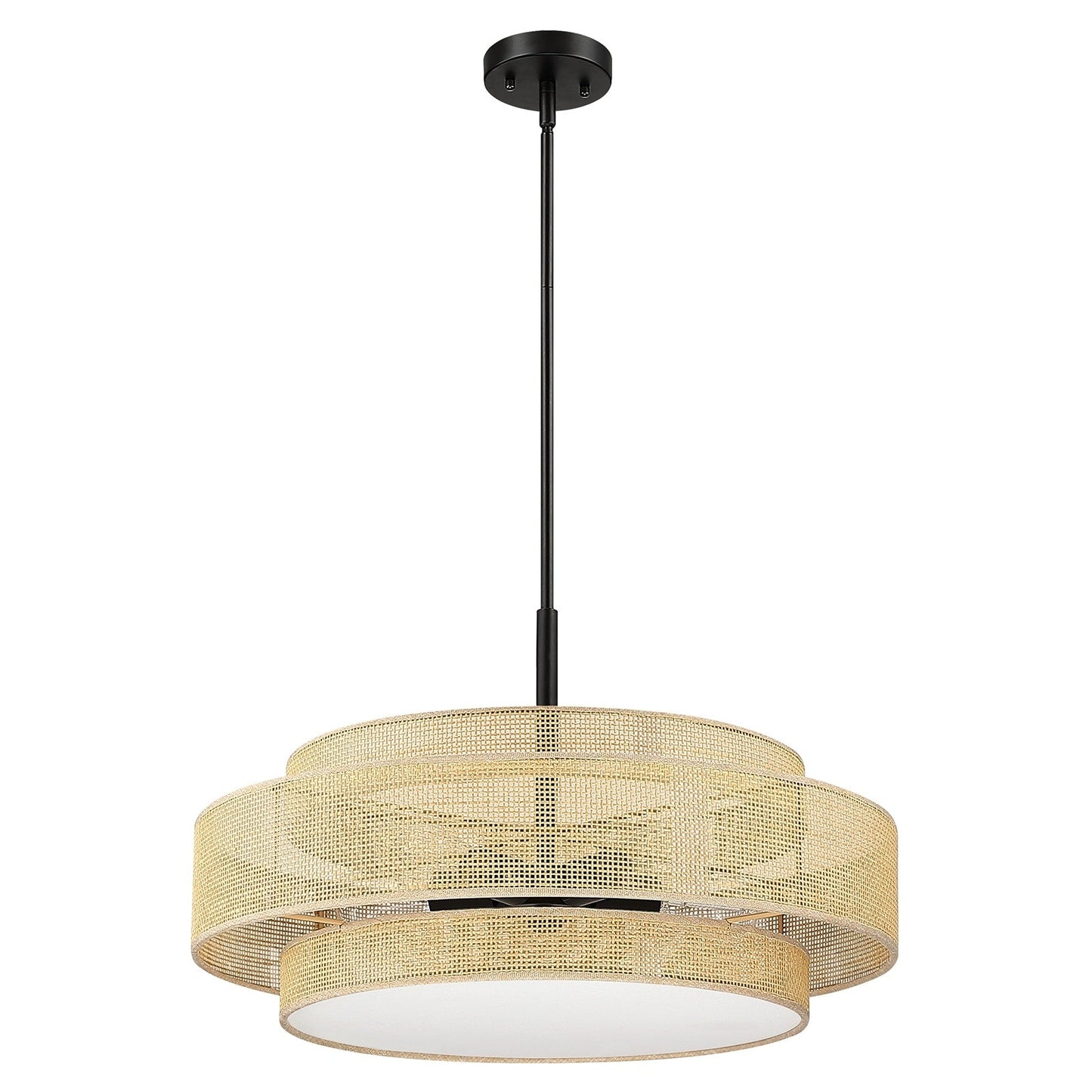 Lampadario Bayou a tamburo costiero nero a 5 luci con doppio paralume in rattan - 24''W