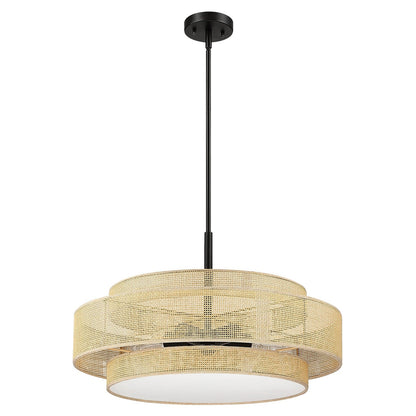 Lampadario Bayou a tamburo costiero nero a 5 luci con doppio paralume in rattan - 24''W