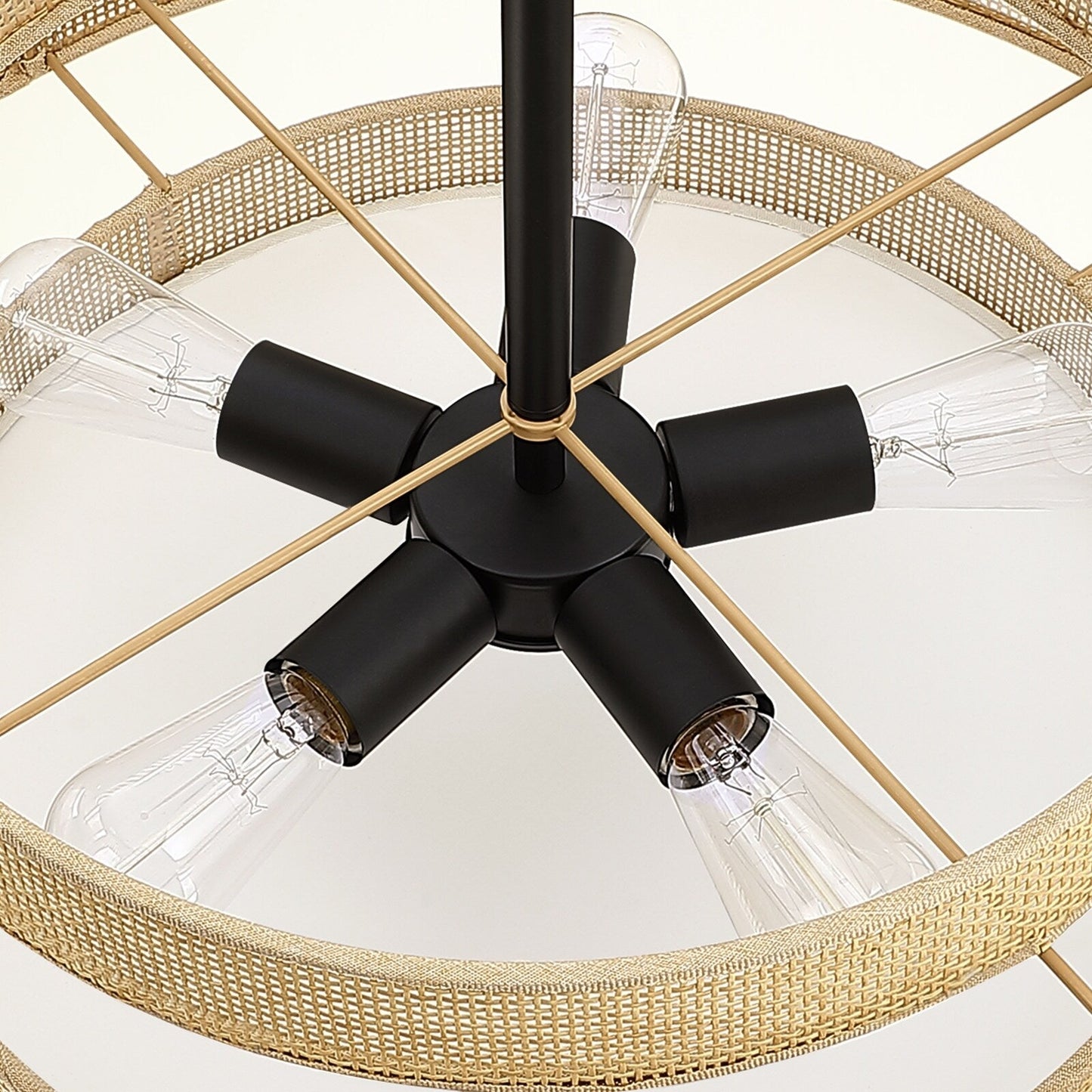 Lampadario Bayou a tamburo costiero nero a 5 luci con doppio paralume in rattan - 24''W