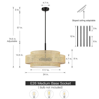 Lampadario Bayou a tamburo costiero nero a 5 luci con doppio paralume in rattan - 24''W