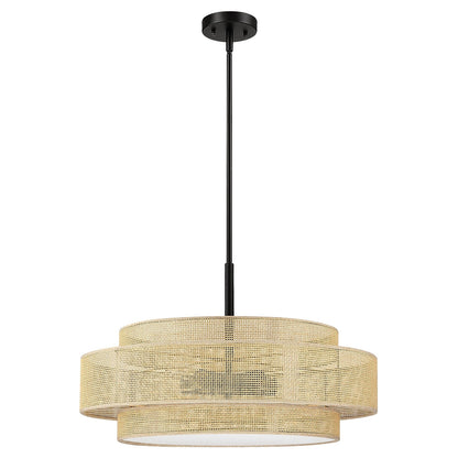 Lampadario Bayou a tamburo costiero nero a 5 luci con doppio paralume in rattan - 24''W