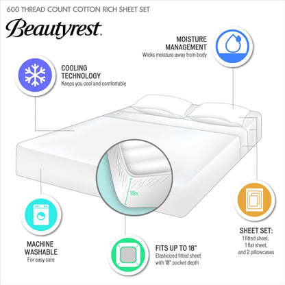 Beautyrest 600 Thread Count - Set di lenzuola rinfrescanti in misto cotone, 4 pezzi