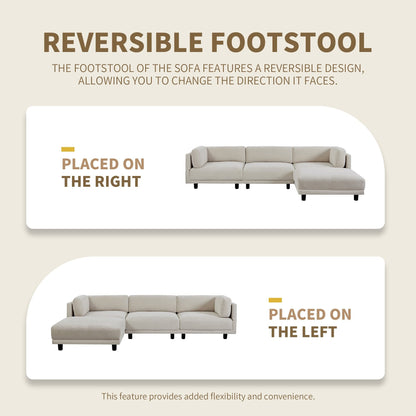 Divano componibile a L in poliestere beige 102,4 con poggiapiedi reversibile, cuscini spessi e gambe in plastica resistente