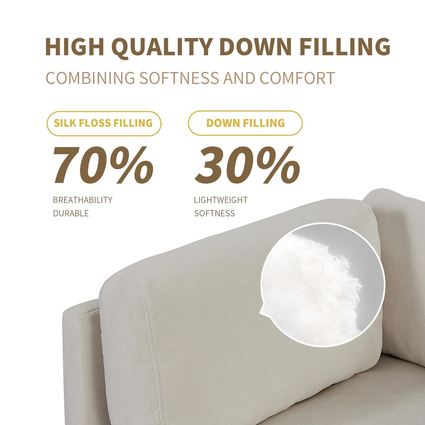 Divano componibile beige a L da 102,4'' in poliestere con pouf reversibile, cuscini morbidi e robusta base in plastica