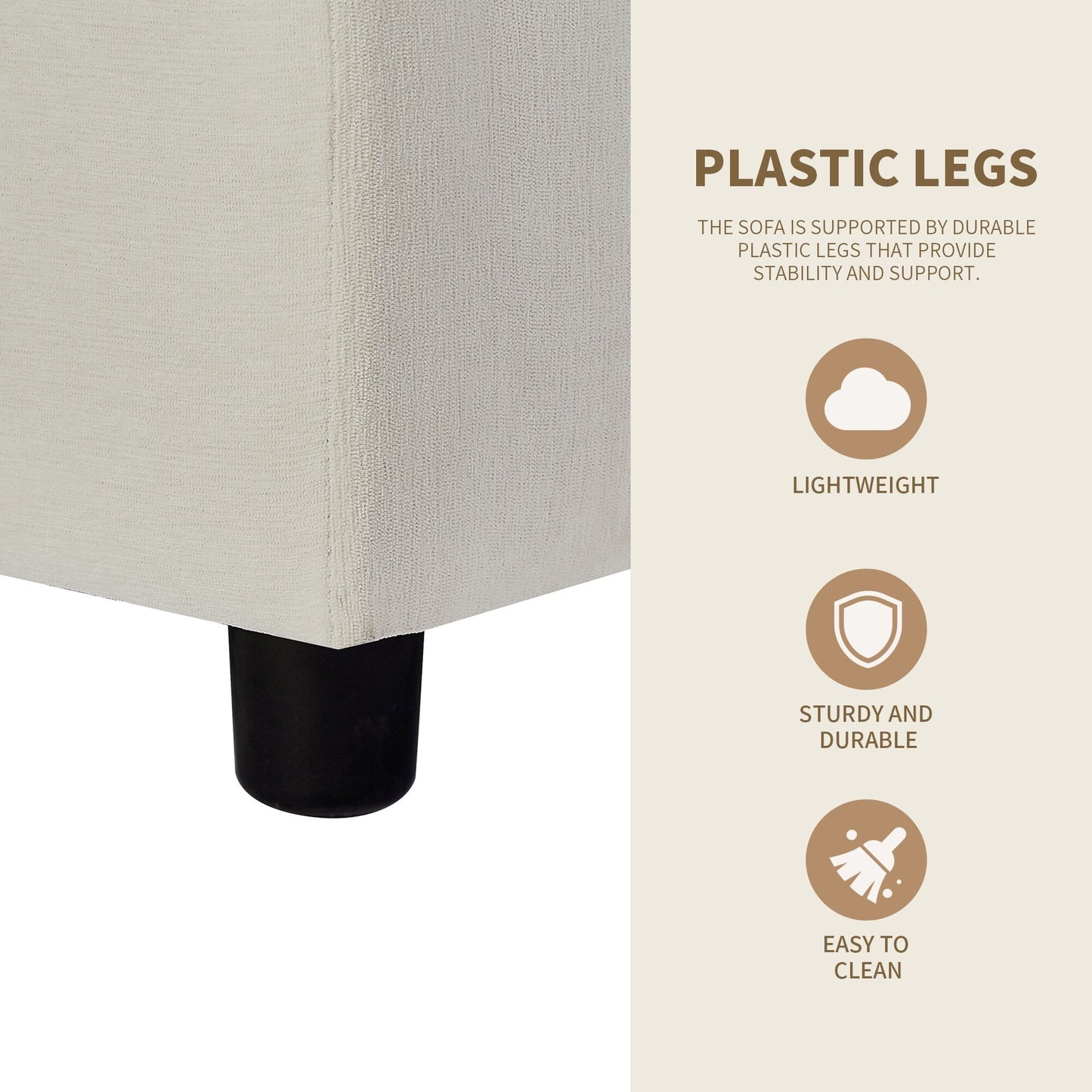 Divano componibile beige a L da 102,4'' in poliestere con pouf reversibile, cuscini morbidi e robusta base in plastica