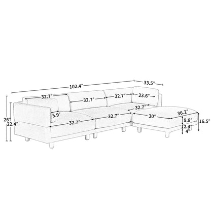 Divano componibile a L beige da 102,4'' in poliestere a 3 posti con poggiapiedi reversibile