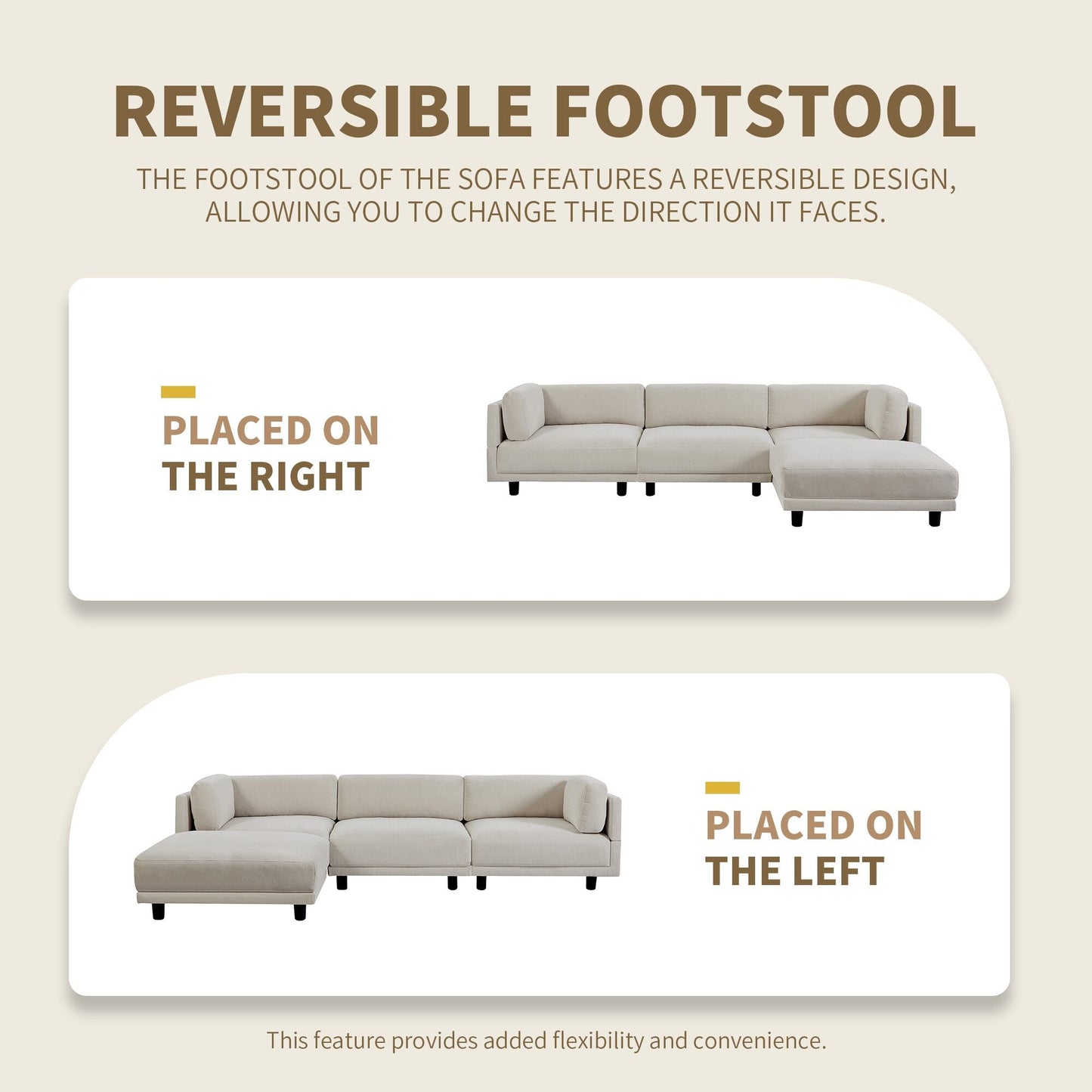 Divano a 3 posti a forma di L in poliestere beige da 102,4'' con poggiapiedi reversibile, cuscini spessi e gambe in plastica resistente