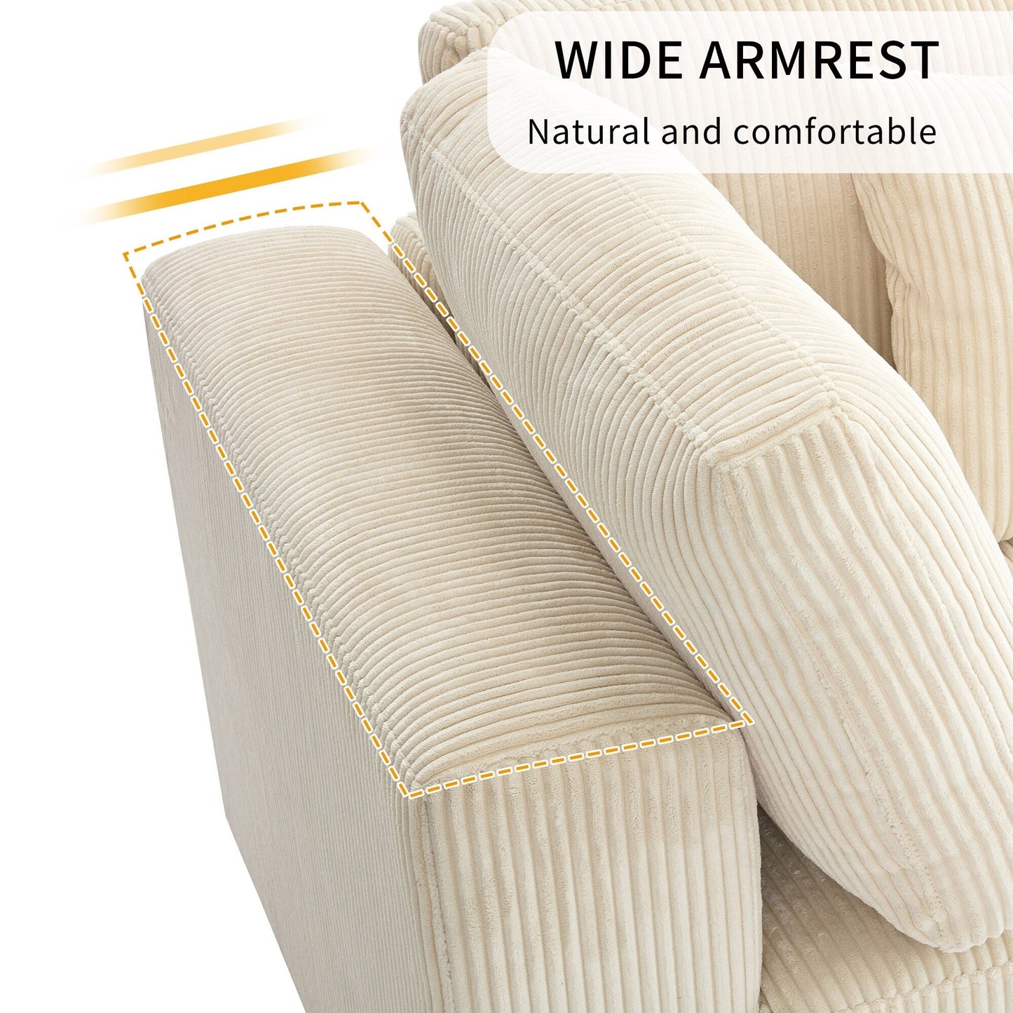 Divano a 3 posti imbottito in velluto a coste beige 105 con cuscini posteriori rimovibili e 5 cuscini per soggiorno