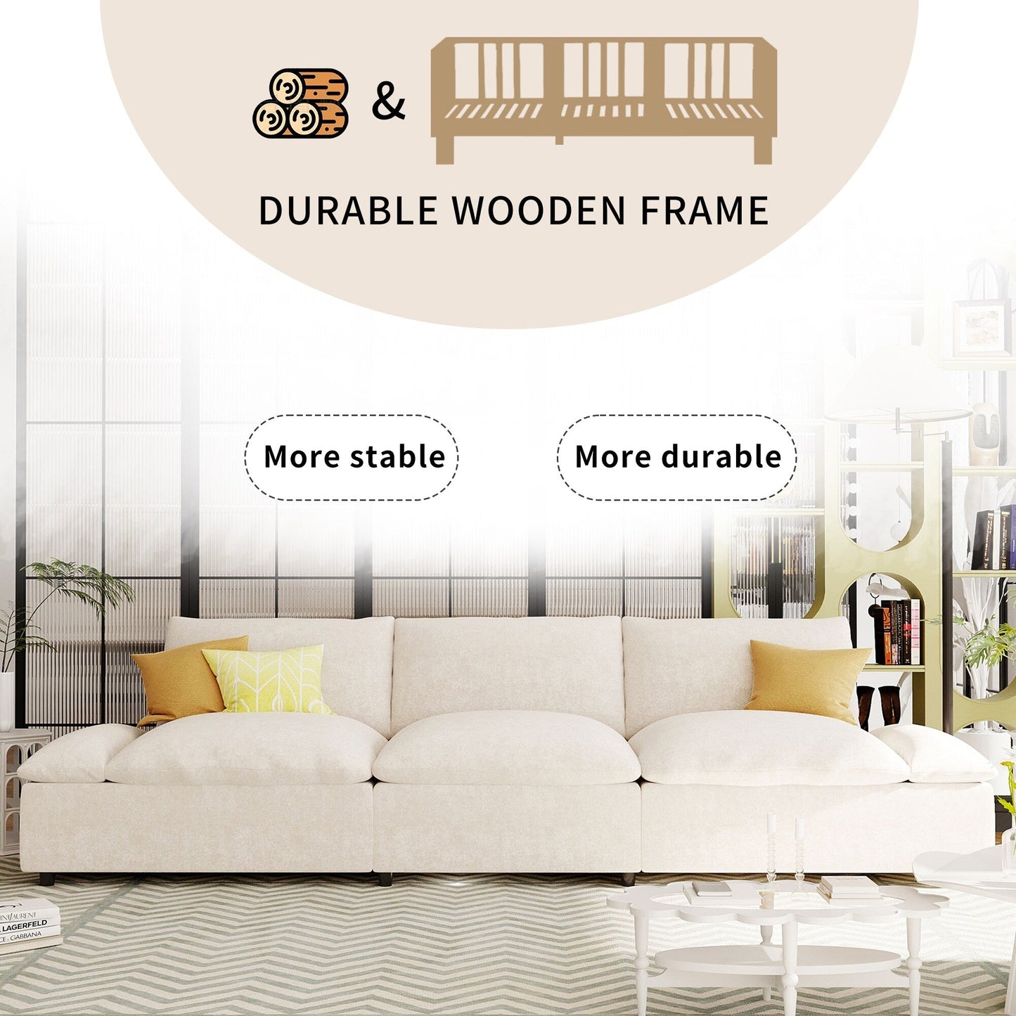 Divano beige 119,5 in poliestere a 3 posti con 2 contenitori e gambe in legno di gomma per soggiorno