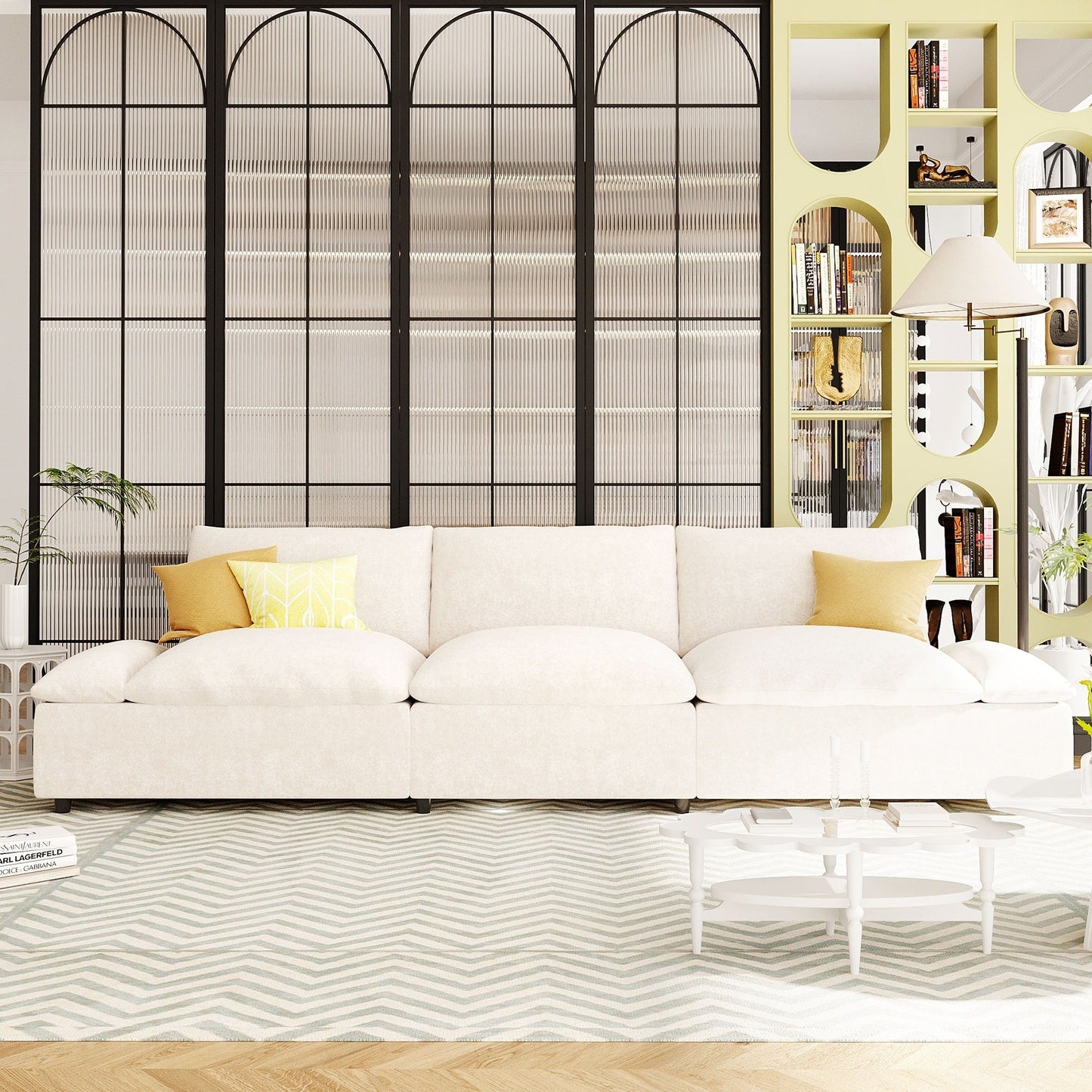 Divano beige 119,5 in poliestere a 3 posti con 2 contenitori e gambe in legno di gomma per soggiorno