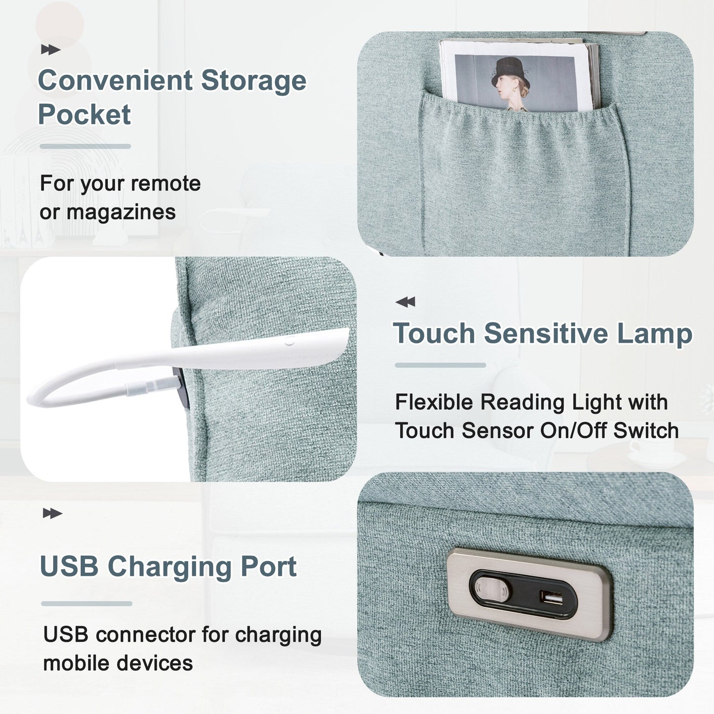 Poltrona reclinabile girevole beige a 270° con porte di ricarica USB, lampada touch, base basculante e tasca portaoggetti laterale