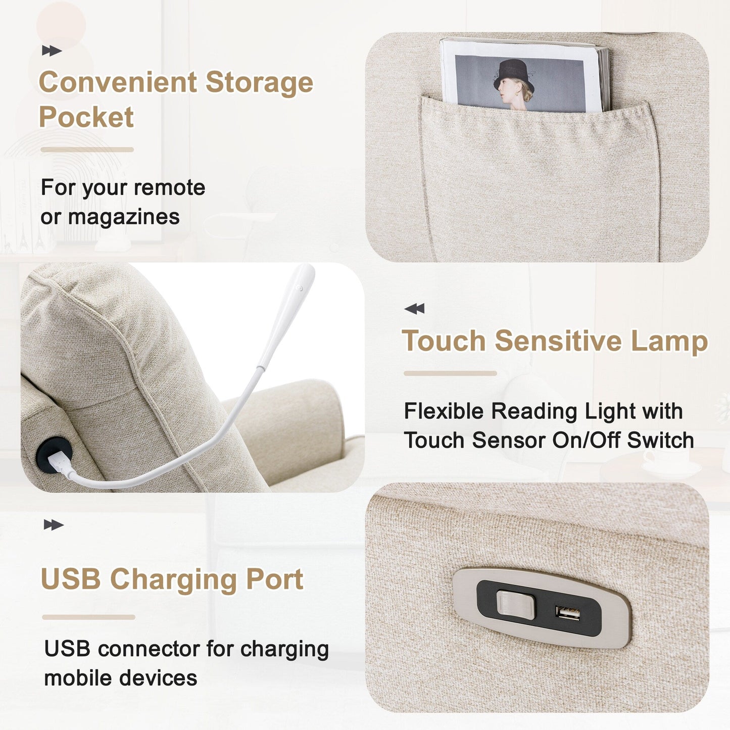 Poltrona reclinabile beige girevole a 270° con USB, base basculante e tasca laterale