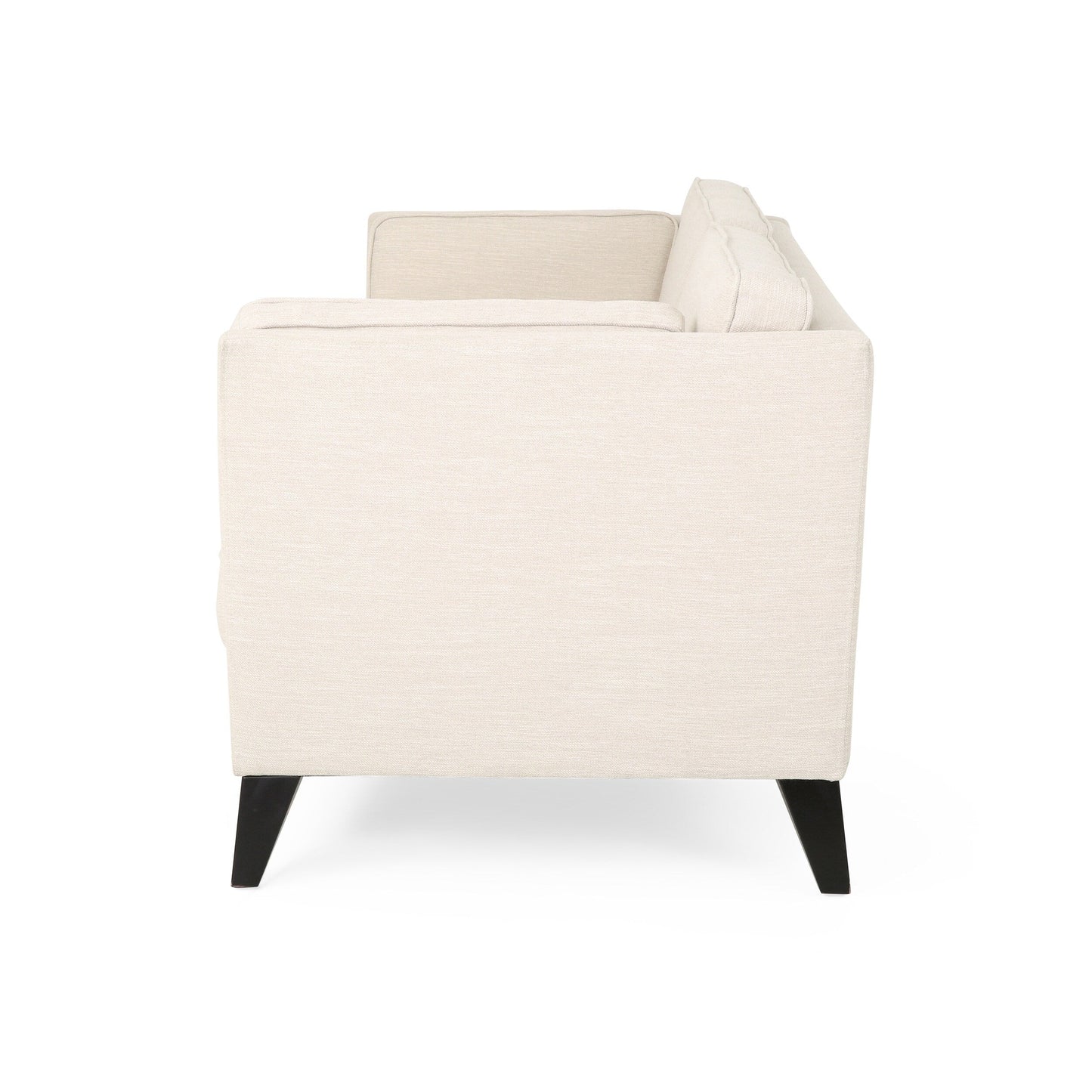 Divano beige a 3 posti con gambe in legno di betulla e cuscini laterali