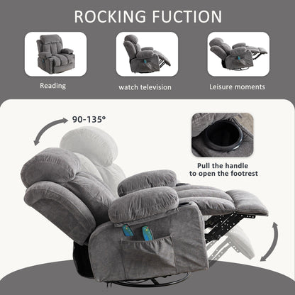 Poltrona reclinabile beige girevole a 360° con massaggio, riscaldamento, ricarica USB, doppio portabicchieri e ampio vano portaoggetti laterale