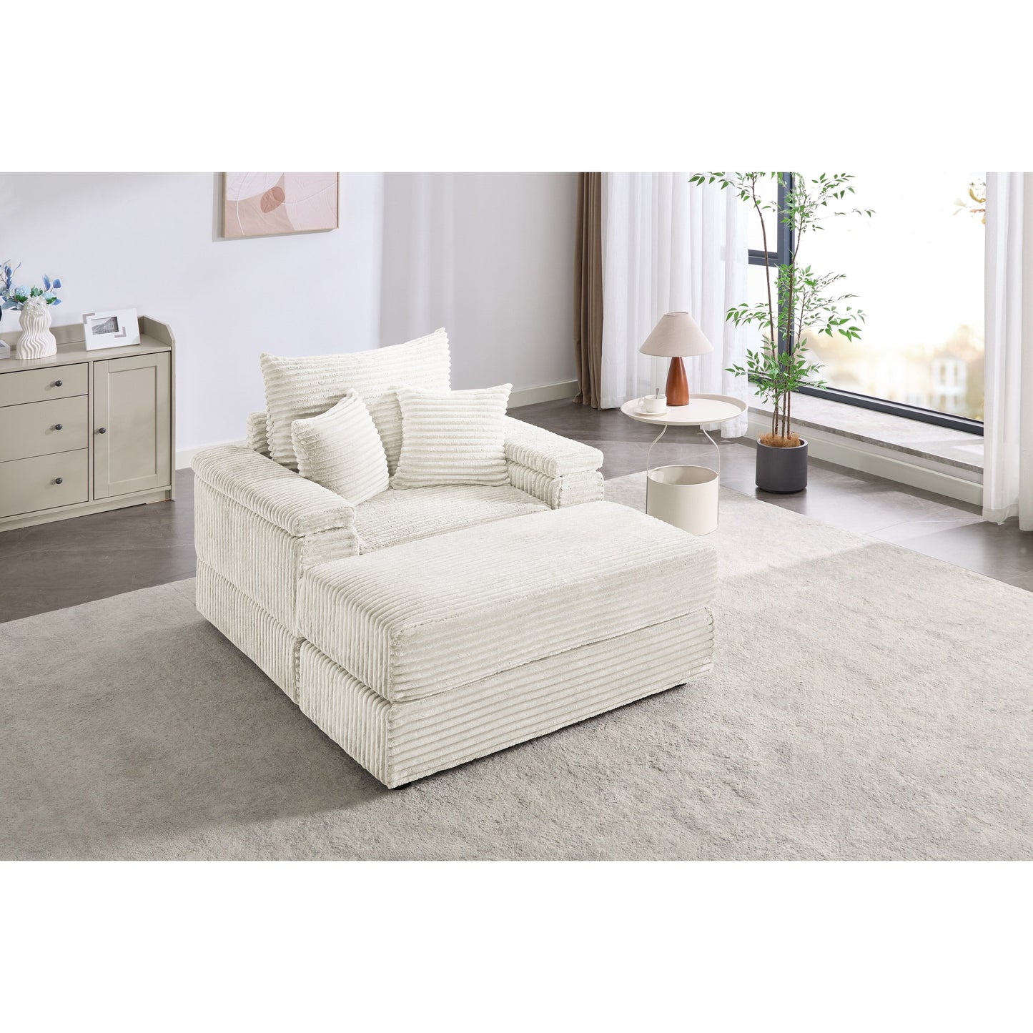 Divano letto singolo in velluto a coste beige 42,52 con seduta profonda, poggiapiedi rimovibile, bracciolo contenitore e 2 cuscini decorativi