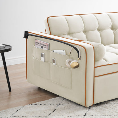 Divano letto convertibile in velluto beige da 55'' a 2 posti con reclinazione regolabile, letto estraibile, tasche laterali e porta telefono