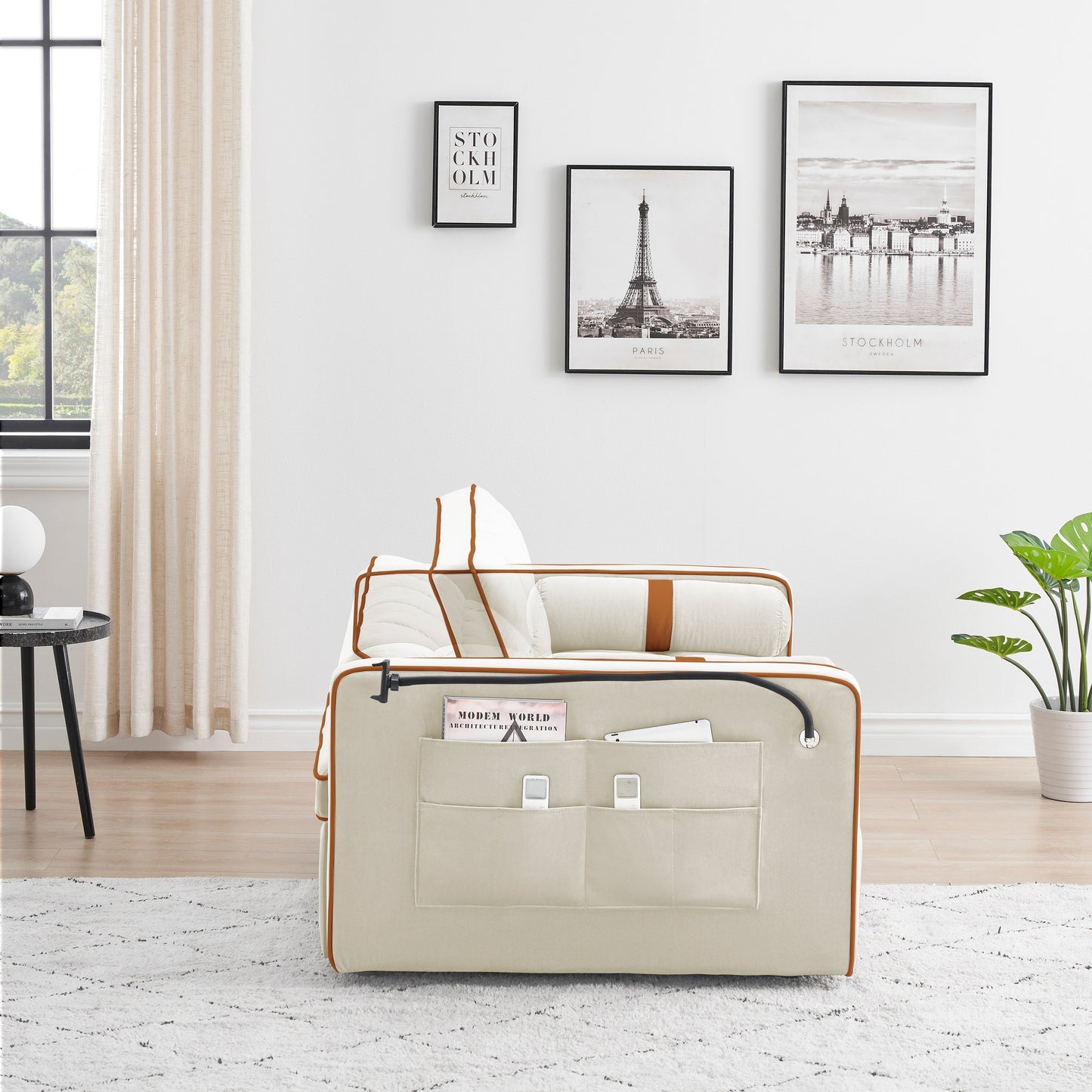 Divano letto convertibile in velluto beige da 55'' a 2 posti con reclinazione regolabile, letto estraibile, tasche laterali e porta telefono