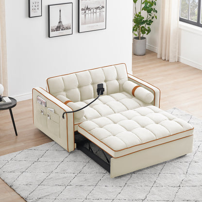 Divano letto convertibile in velluto beige da 55'' a 2 posti con reclinazione regolabile, letto estraibile, tasche laterali e porta telefono