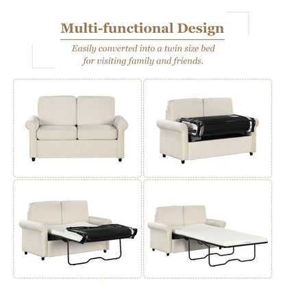 Divano letto estraibile 2 in 1 in velluto beige da 57,4 pollici con materasso singolo di alta qualità e due porte USB