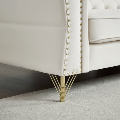 Divano a 2 posti in velluto beige da 60,2'' con piedini in metallo, 2 cuscini, finiture con borchie, struttura in legno massello e imbottitura in schiuma