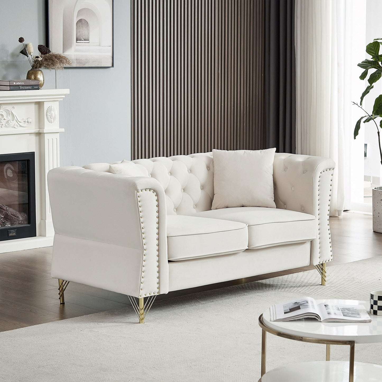 Divano a 2 posti in velluto beige da 60,2'' con piedini in metallo, 2 cuscini, finiture con borchie, struttura in legno massello e imbottitura in schiuma