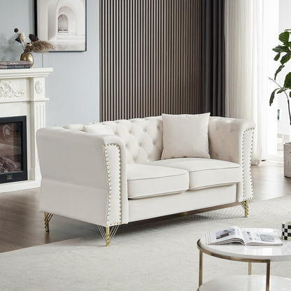 Divano a 2 posti in velluto beige da 60,2'' con piedini in metallo, 2 cuscini, finiture con borchie, struttura in legno massello e imbottitura in schiuma