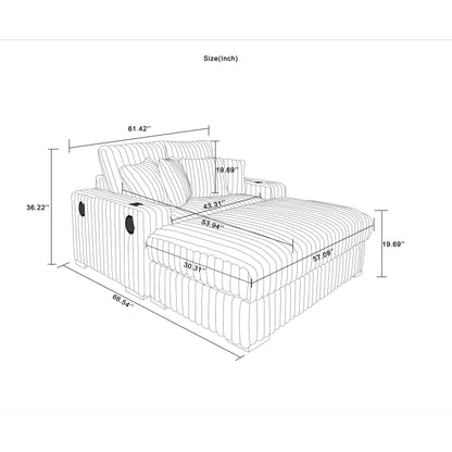Divano a due posti in velluto a coste beige 61.42 con braccioli quadrati, pouf, altoparlante Bluetooth, caricabatterie wireless, porte USB, portabicchieri
