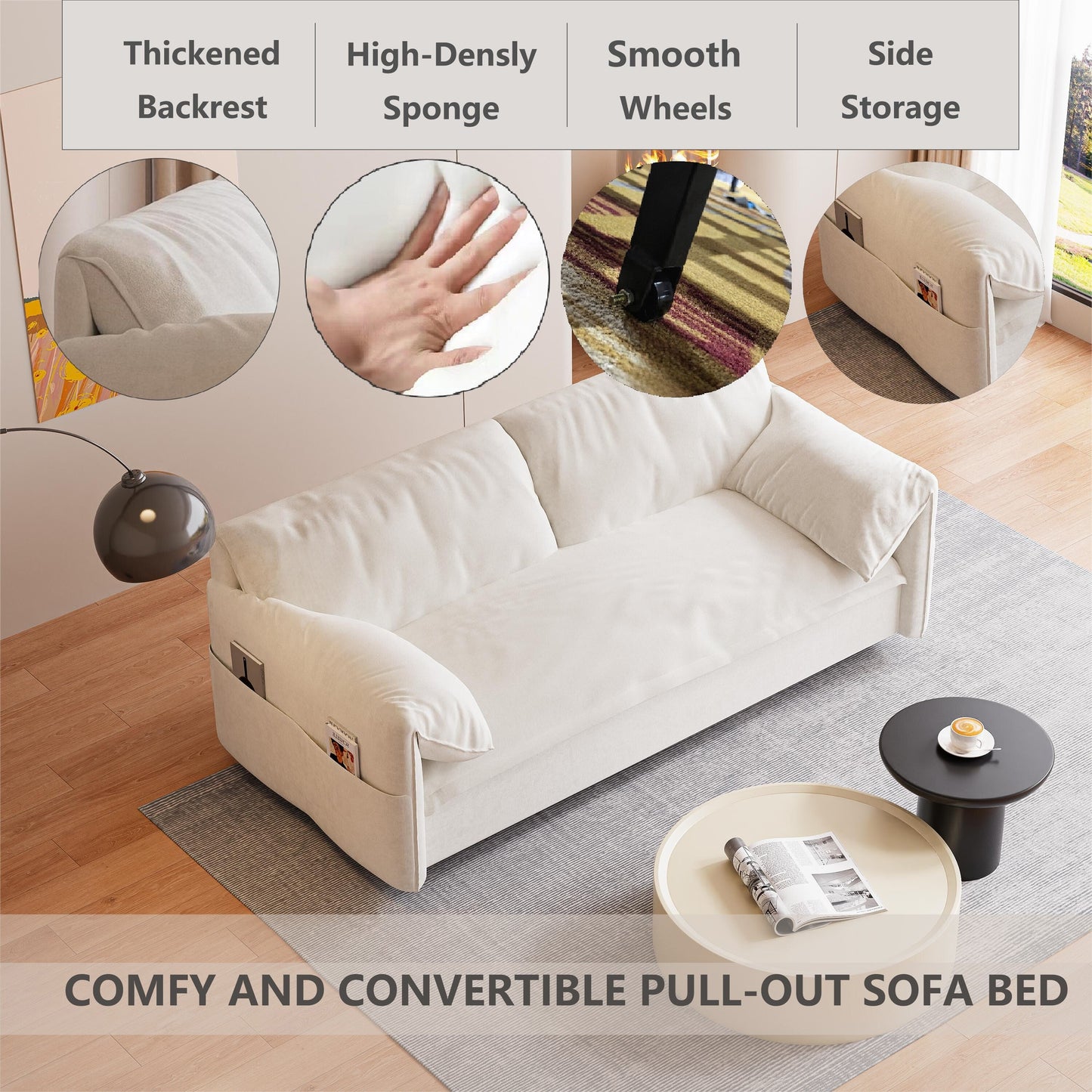 Divano letto estraibile 3 in 1 in velluto beige da 63,8 pollici con contenitore laterale per soggiorno