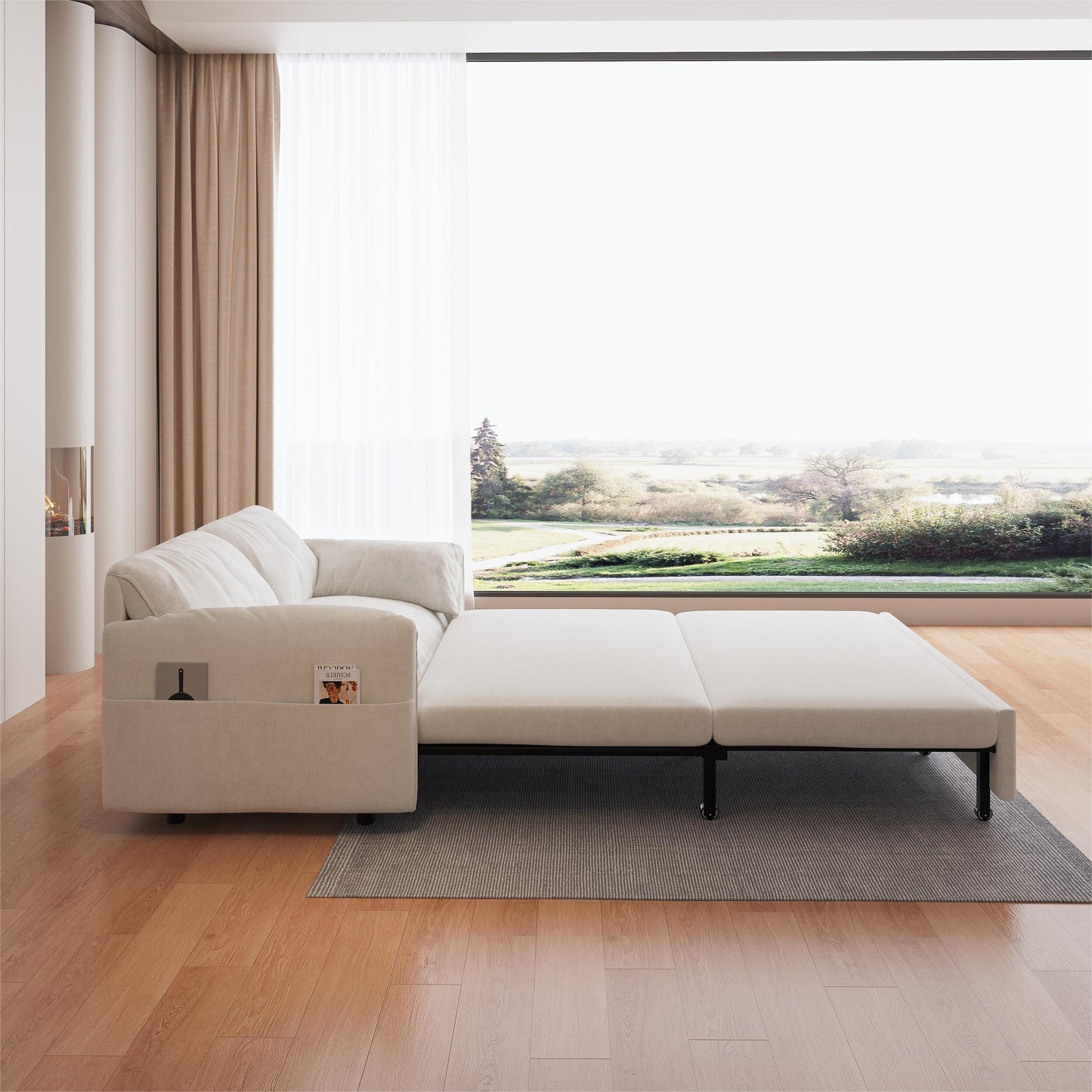 Divano letto estraibile 3 in 1 in velluto beige da 63,8 pollici con contenitore laterale per soggiorno