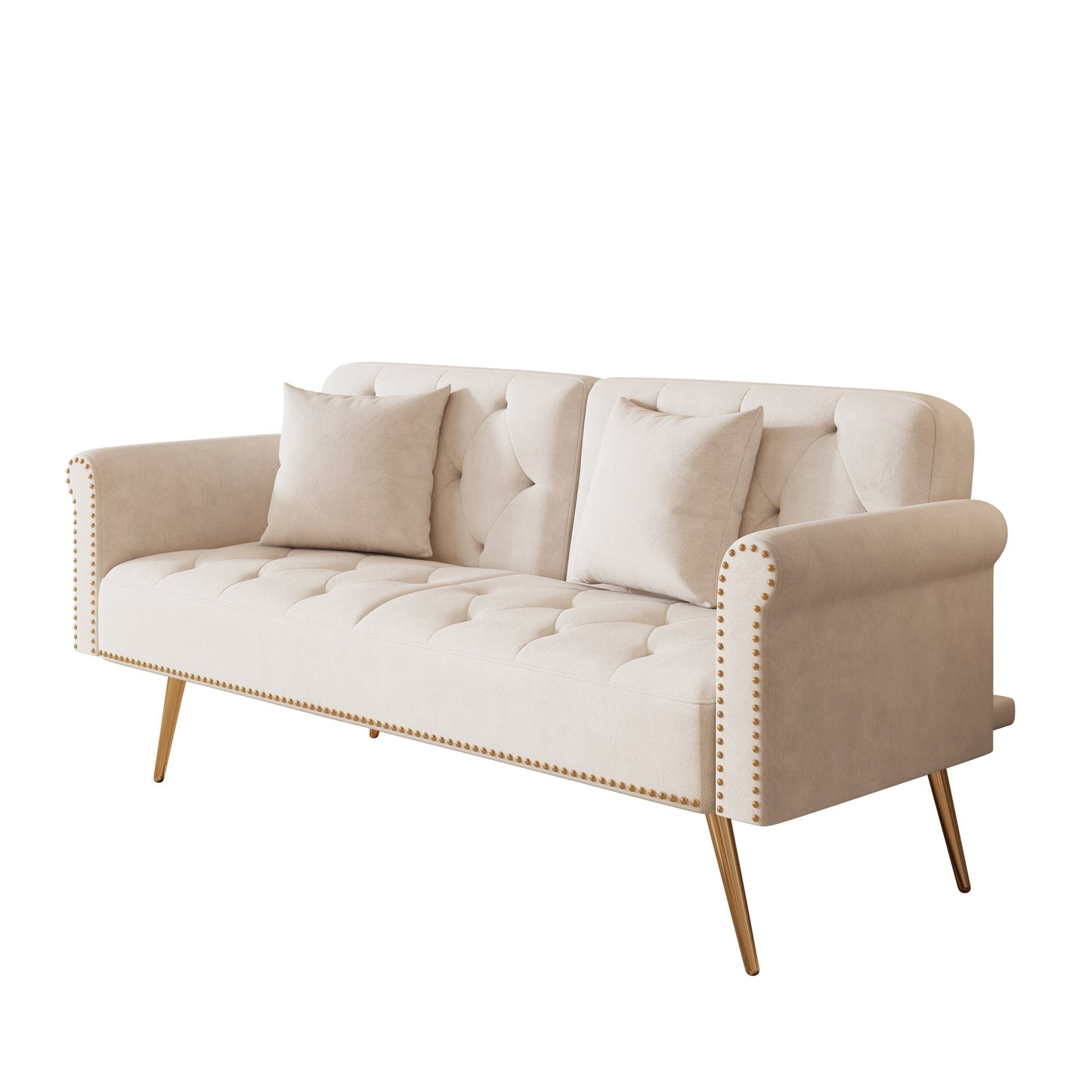 Divano letto trasformabile in velluto beige 69,7 con cuscino e borchie per soggiorno