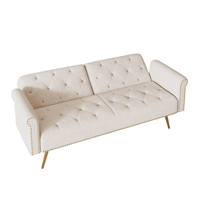 Divano letto trasformabile in velluto beige 69,7 con cuscino e borchie per soggiorno