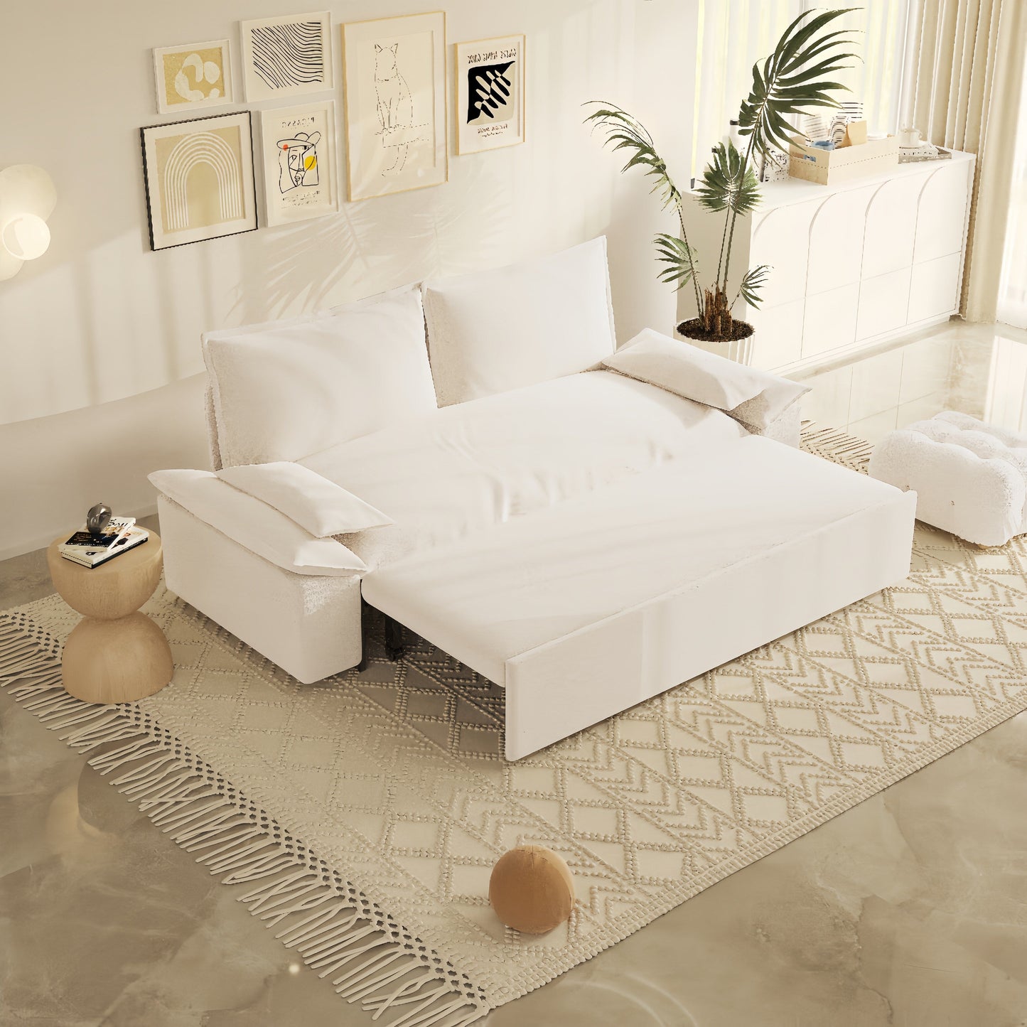 Divano letto estraibile 3 in 1 in velluto beige 70.1 con 2 cuscini morbidi per soggiorno