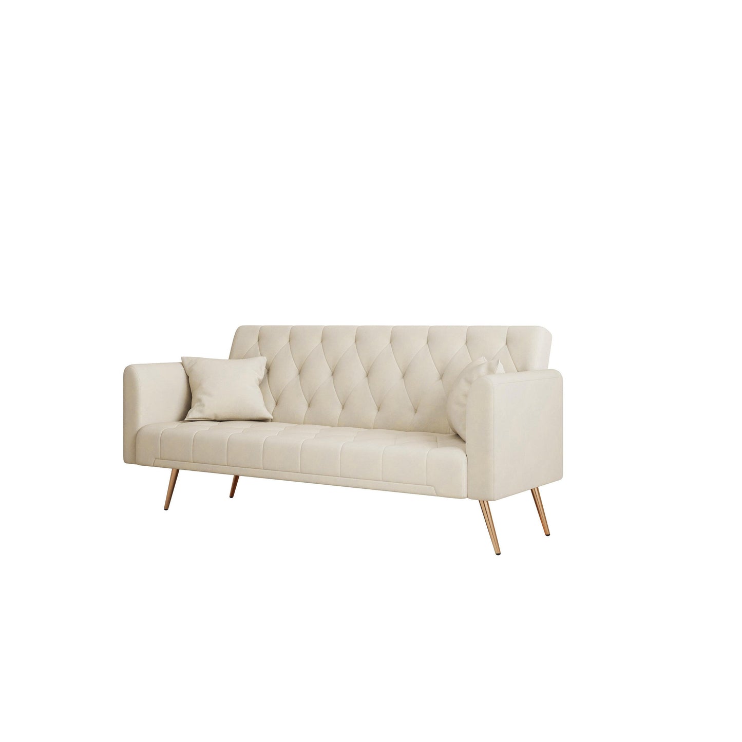 Divano letto trasformabile in velluto beige 71 a 3 posti con due cuscini decorativi e gambe in metallo per soggiorno