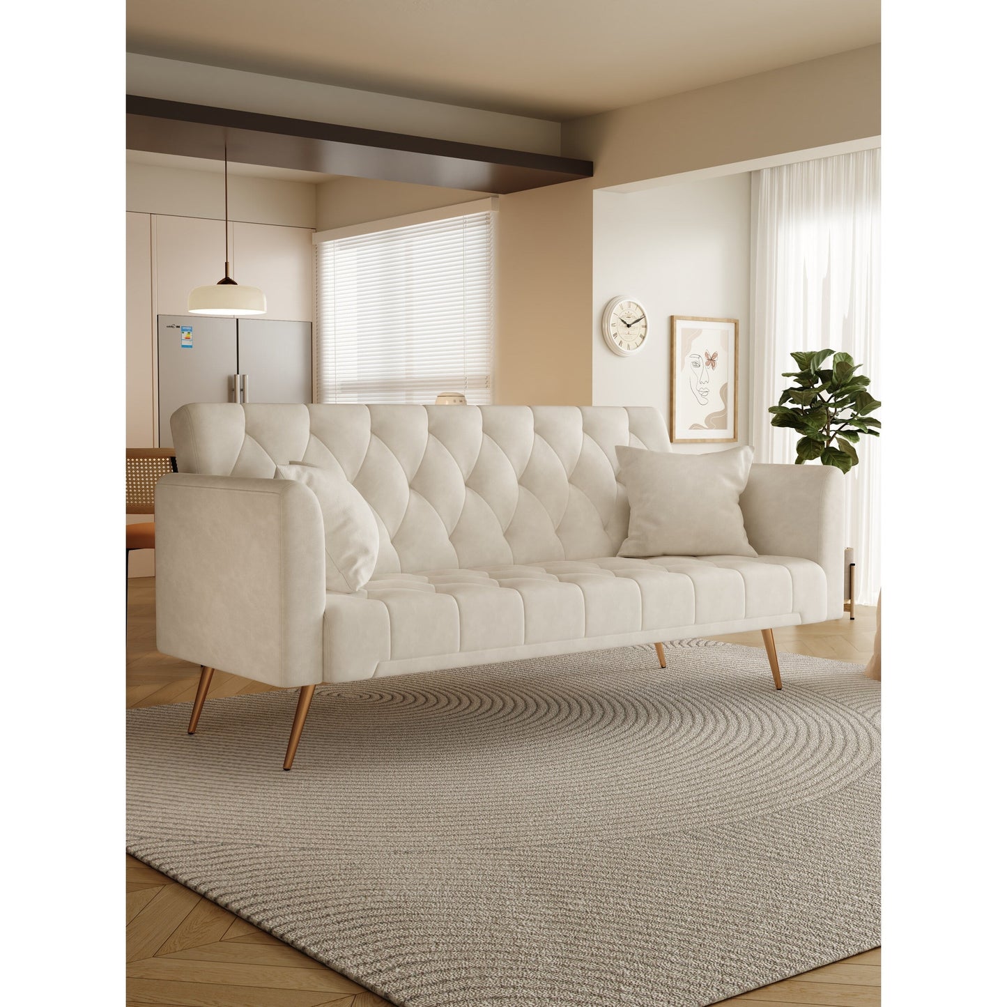 Divano letto trasformabile in velluto beige 71 a 3 posti con due cuscini decorativi e gambe in metallo per soggiorno