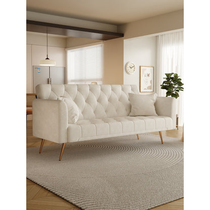 Divano letto trasformabile in velluto beige 71 a 3 posti con due cuscini decorativi e gambe in metallo per soggiorno