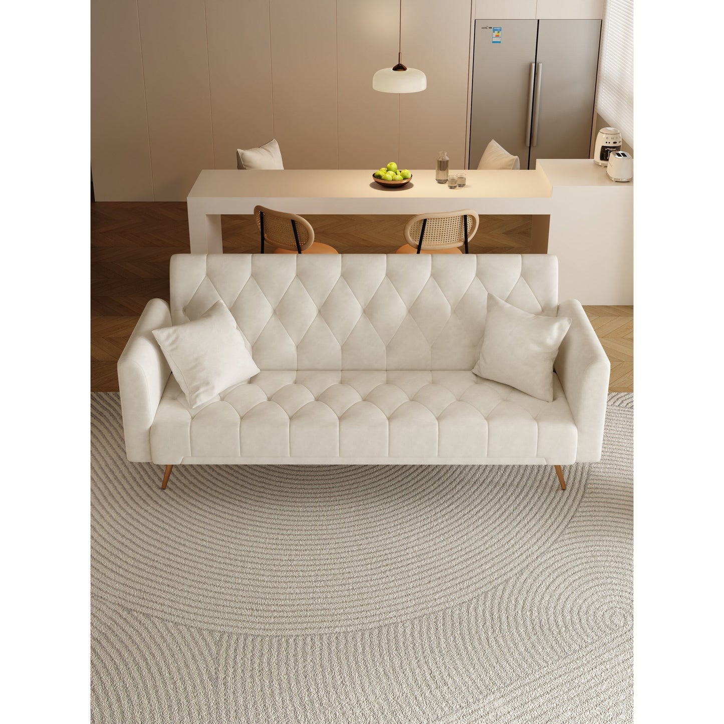Divano letto trasformabile in velluto beige 71 a 3 posti con due cuscini decorativi e gambe in metallo per soggiorno