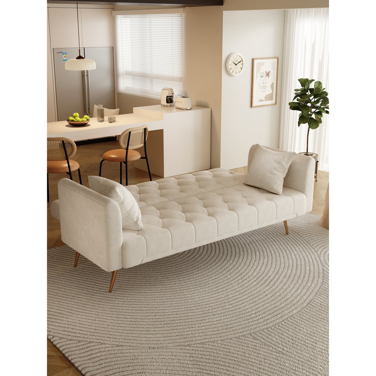 Divano letto trasformabile in velluto beige 71 a 3 posti con due cuscini decorativi e gambe in metallo per soggiorno