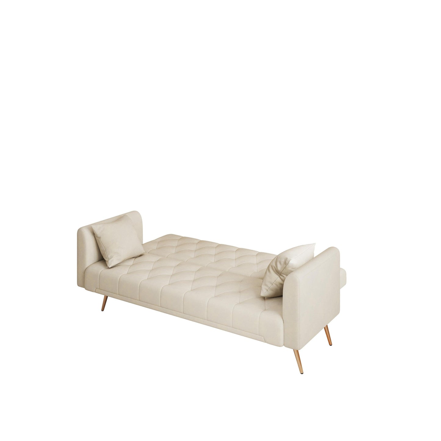 Divano letto trasformabile in velluto beige 71 a 3 posti con due cuscini decorativi e gambe in metallo per soggiorno