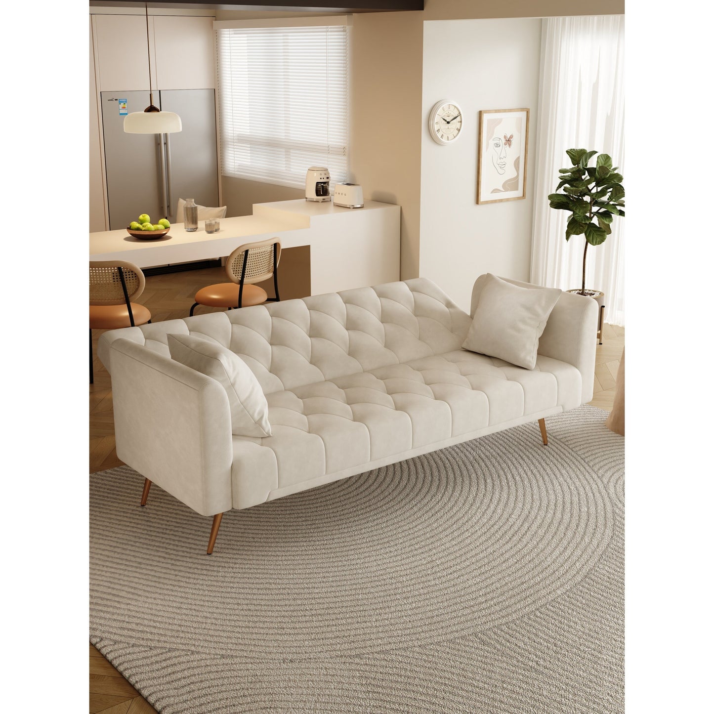 Divano letto trasformabile in velluto beige 71 a 3 posti con due cuscini decorativi e gambe in metallo per soggiorno