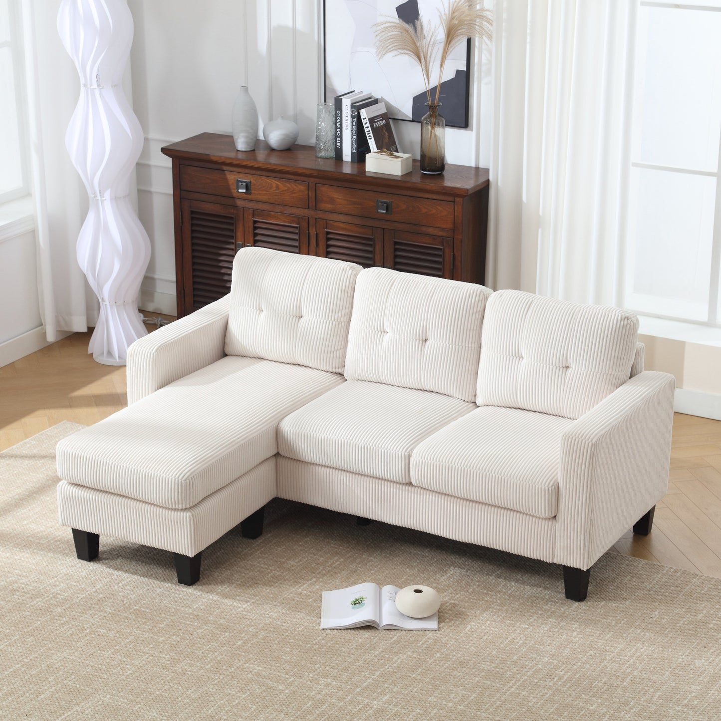 Divano a L in velluto beige da 73,62'', 3 posti con chaise longue reversibile, adatto agli animali domestici e facile da montare per piccoli spazi