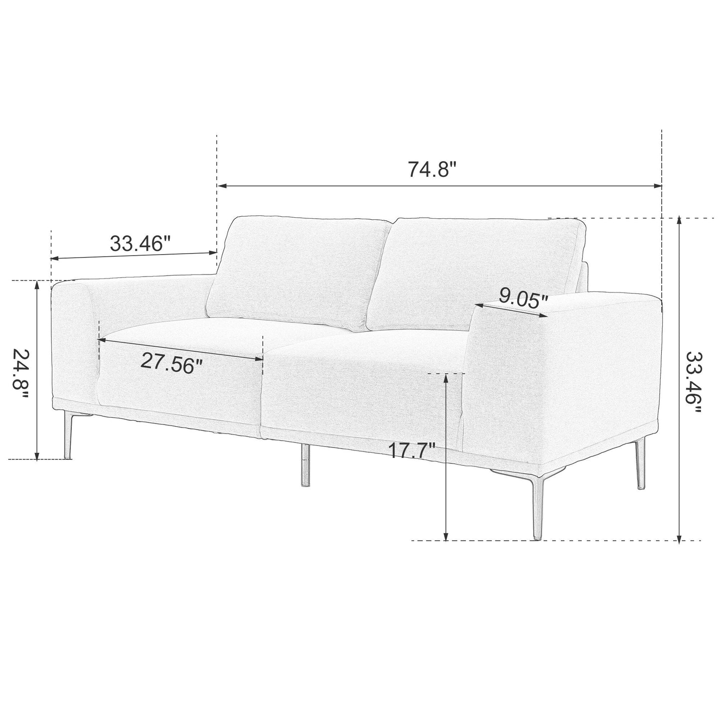 Divano a due posti in tessuto beige da 74,8'' con cuscini rimovibili, gambe in metallo e braccioli quadrati contemporanei