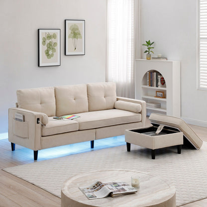 Divano trasformabile in tessuto beige da 75,2'', 3 posti con pouf contenitore, 2 porte USB, luci a LED e gambe in legno