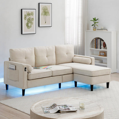 Divano trasformabile in tessuto beige da 75,2'', 3 posti con pouf contenitore, 2 porte USB, luci a LED e gambe in legno