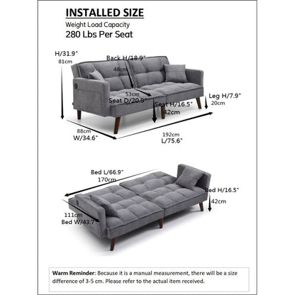 Divano letto a due posti in ciniglia beige da 75,6 pollici con porta di ricarica USB e schienale regolabile per soggiorno