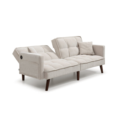 Divano letto a due posti in ciniglia beige da 75,6 pollici con porta di ricarica USB e schienale regolabile per soggiorno